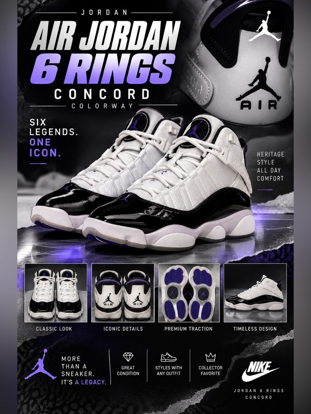 New!🔥Nike Air Jordan 6 Rings sneakers in the 'Concord' colorway.🔥